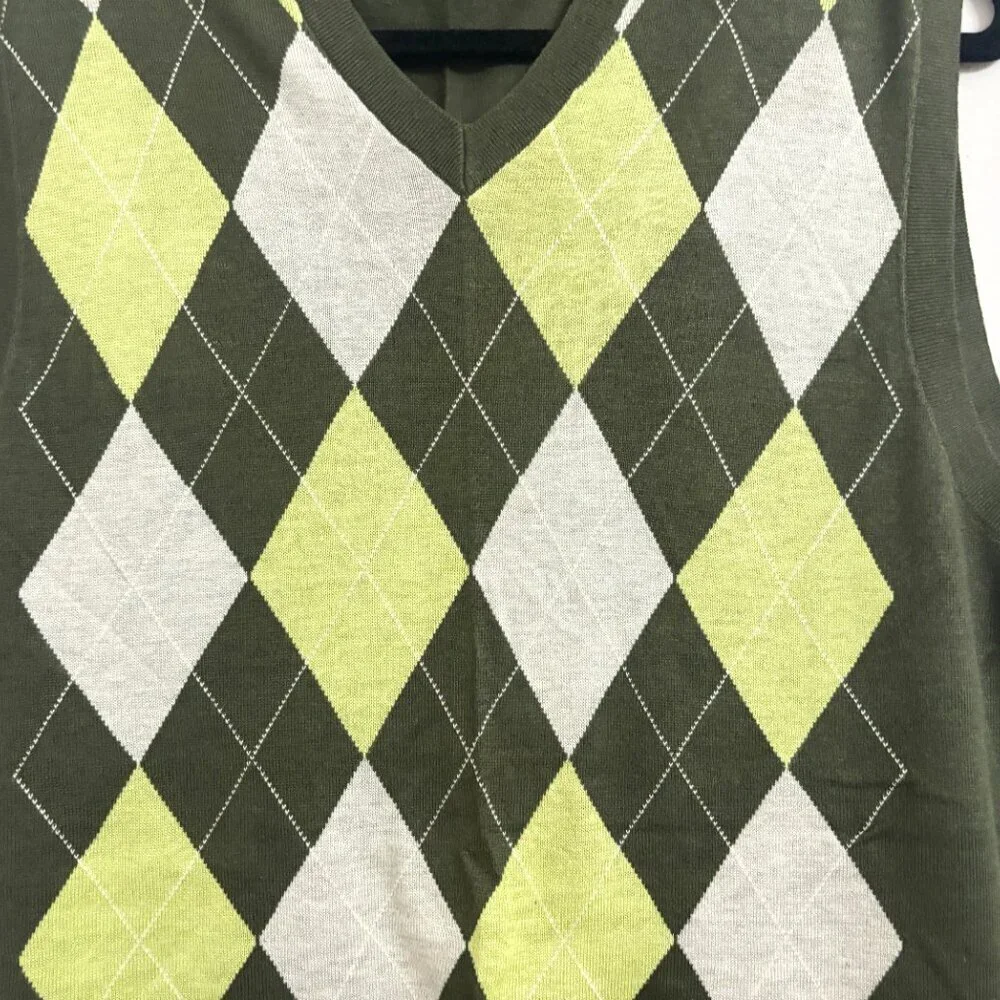 EUC Banana Republic Silk & Linen Blend Green Argyle V Neck Sweater Vest - Small